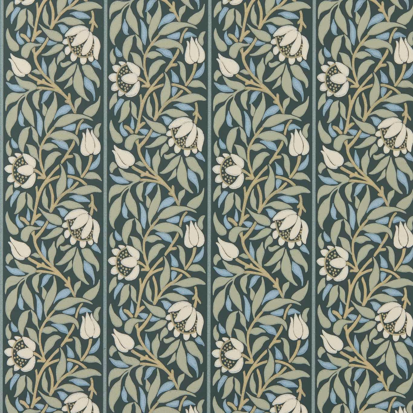 Slate wallpaper with muted bayleaf foliage, pale blue leaves and ivory trellis flowers