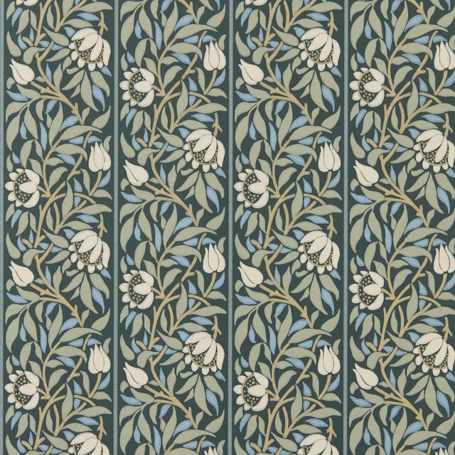 Slate wallpaper with muted bayleaf foliage, pale blue leaves and ivory trellis flowers