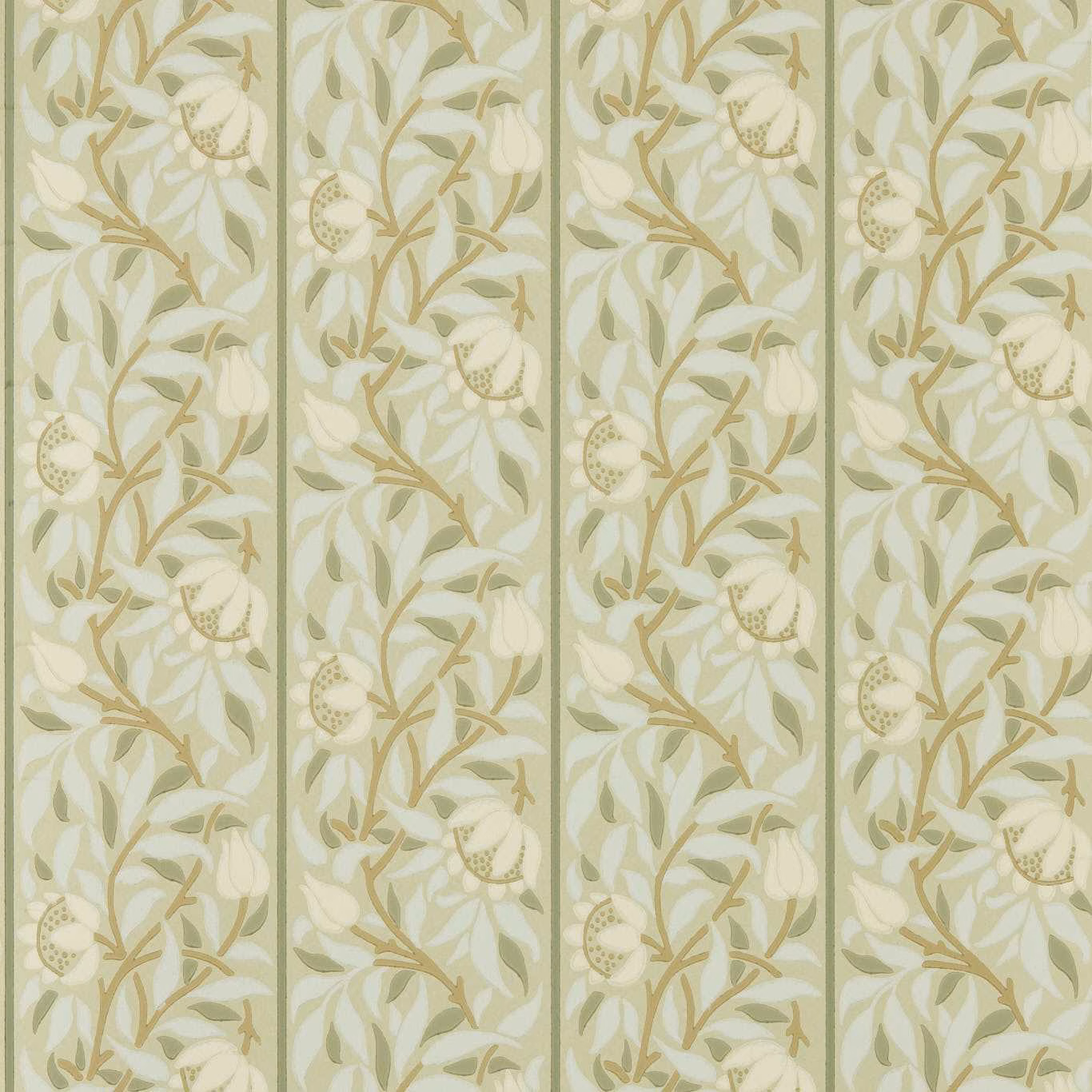 Pale sage wallpaper with ivory blossoms, olive leaves and tan scrolling stems
