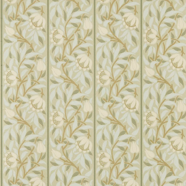 Pale sage wallpaper with ivory blossoms, olive leaves and tan scrolling stems