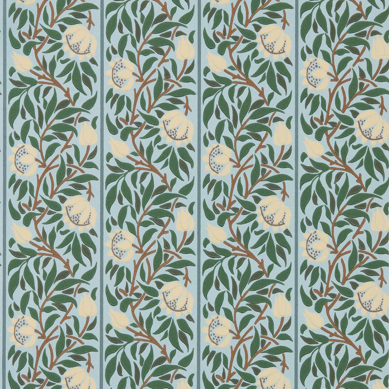 Soft blue wallpaper with nettle leaves, brown branches and cream peony blooms