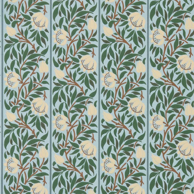 Soft blue wallpaper with nettle leaves, brown branches and cream peony blooms