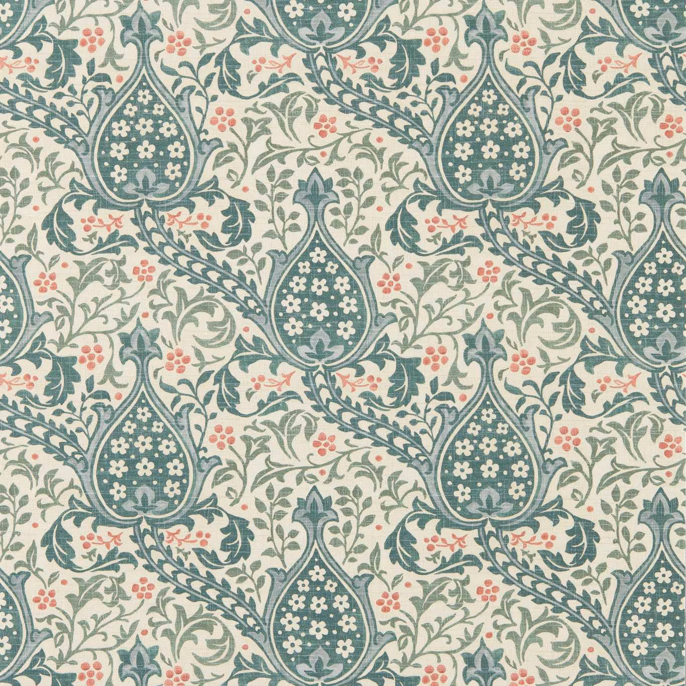 Teal Persian teardrops, sage foliage and coral flowers on a pale cream ground