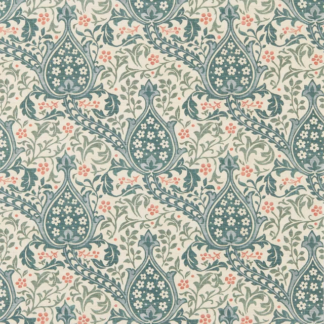 Teal Persian teardrops, sage foliage and coral flowers on a pale cream ground