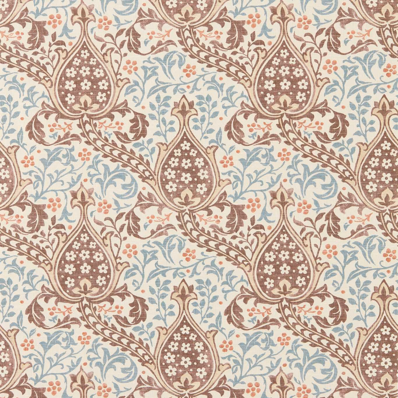 Cream wallpaper with umber tulip medallions and mineral-blue scrolling foliage