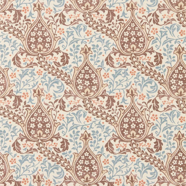 Cream wallpaper with umber tulip medallions and mineral-blue scrolling foliage