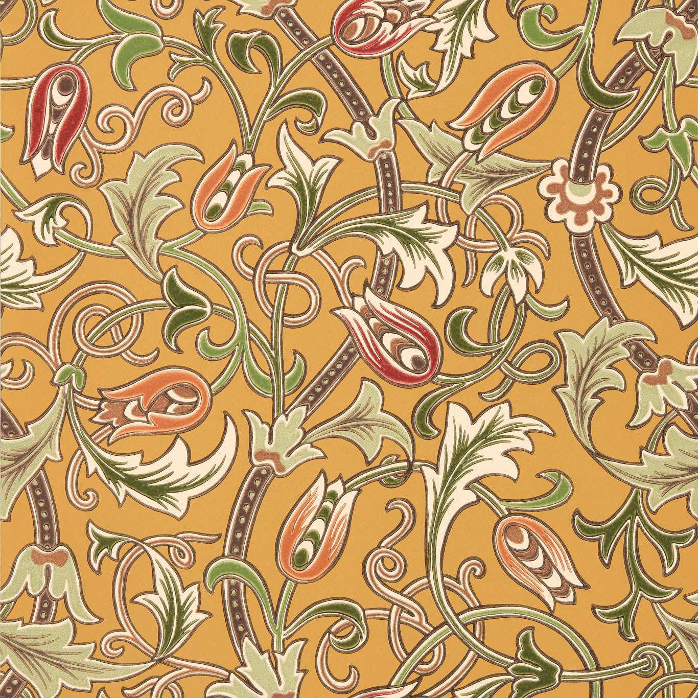 Ochre-gold wallpaper with red tulips, sage foliage and looping outlined stems