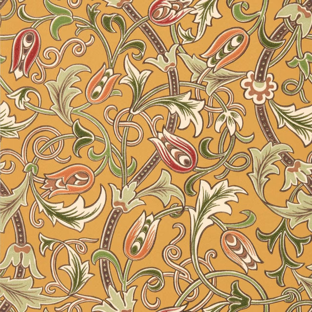 Ochre-gold wallpaper with red tulips, sage foliage and looping outlined stems