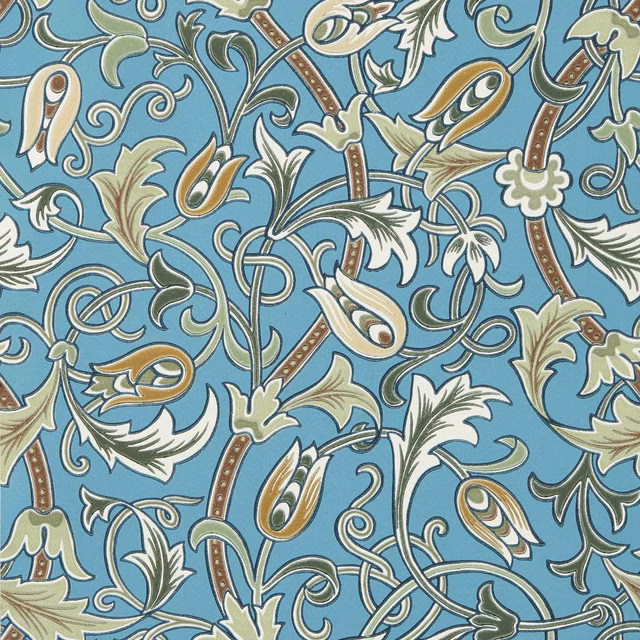 Woad-blue wallpaper with thyme-green tulip scrolls, cream leaves and dotted brown stems