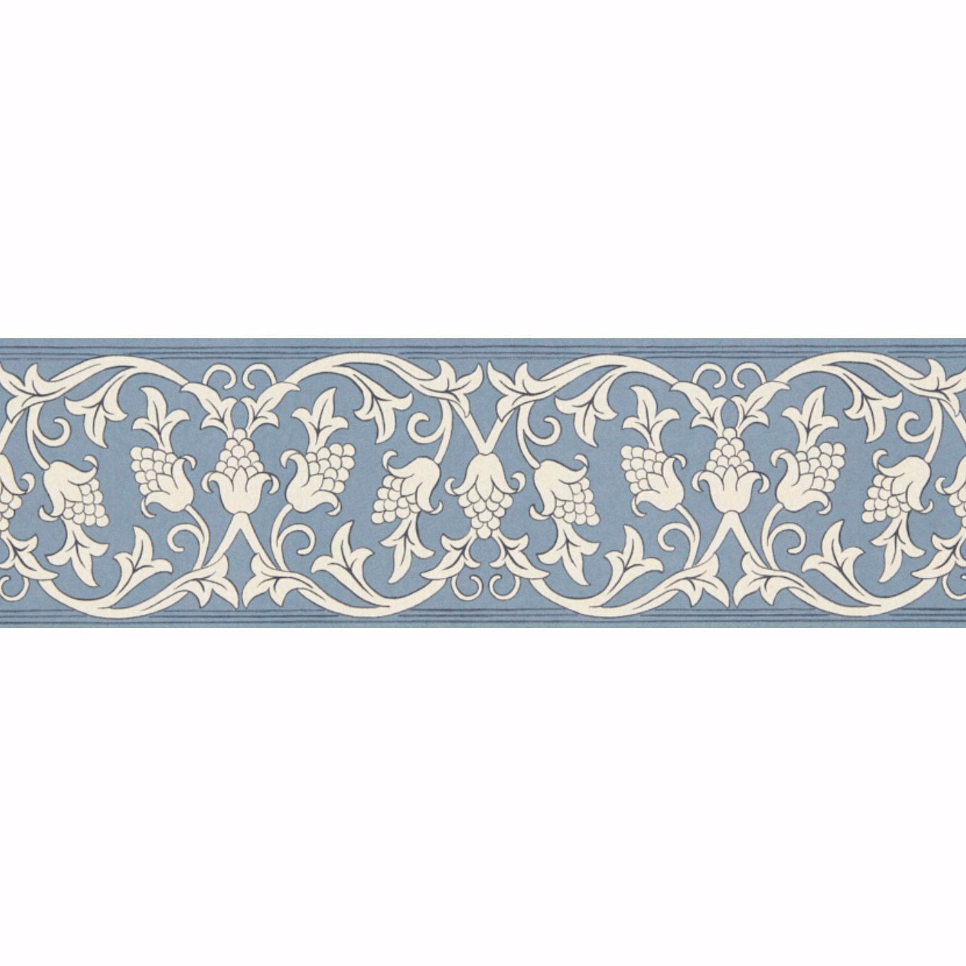 Blue-grey wallpaper border with ivory scrolling foliage, flowers and grape clusters