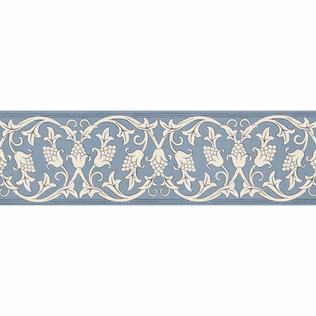 Blue-grey wallpaper border with ivory scrolling foliage, flowers and grape clusters