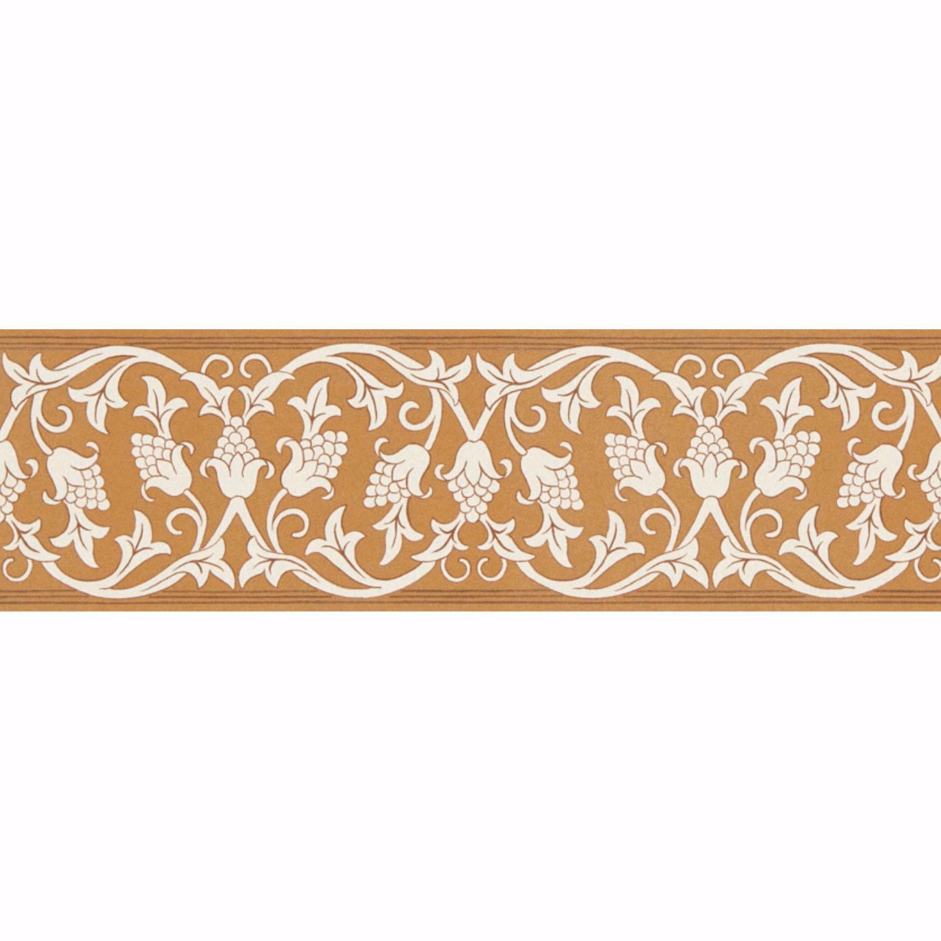 Warm rush-brown wallpaper border with ivory scrolling leaves and clustered fruit