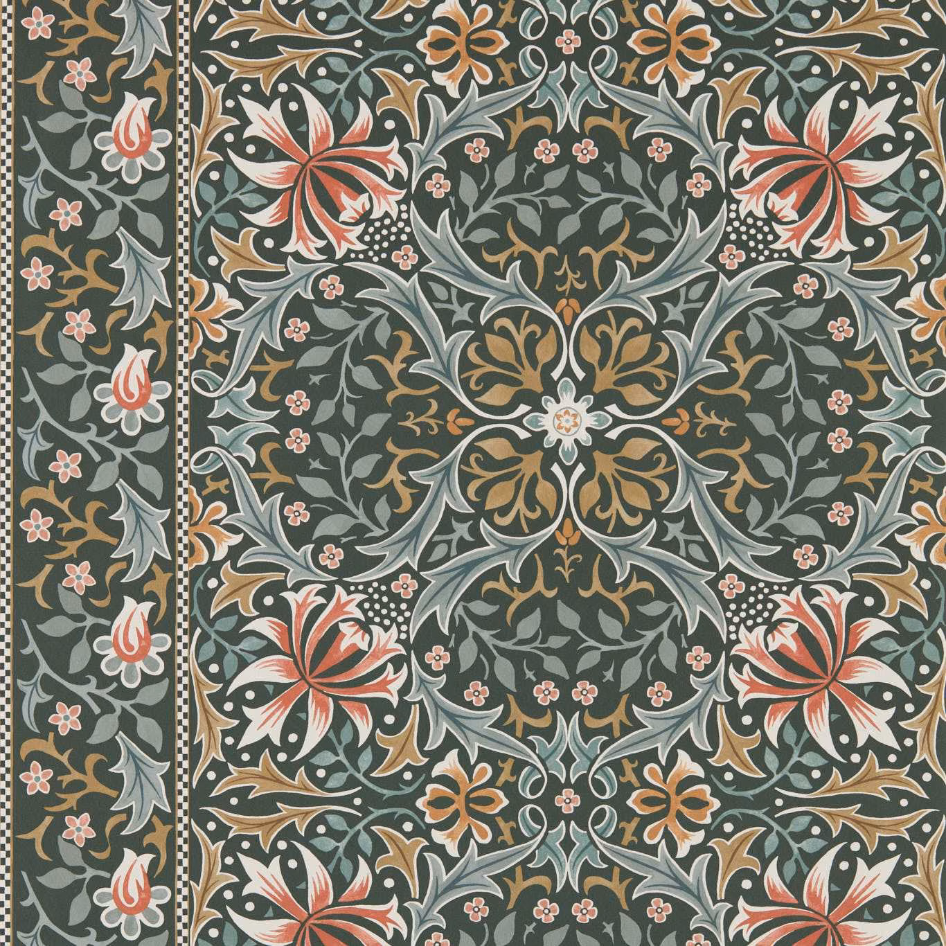 Deep teal botanical wallpaper with coral flowers, blue-grey leaves and ochre scrolling foliage