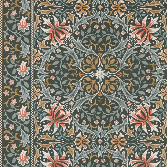 Deep teal botanical wallpaper with coral flowers, blue-grey leaves and ochre scrolling foliage
