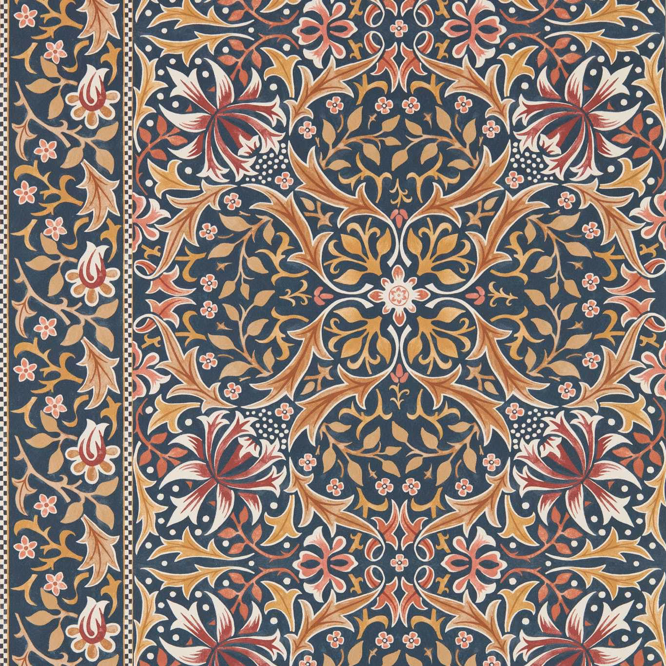 Indigo wallpaper with ornate gold foliage, coral flowers and cream floral details
