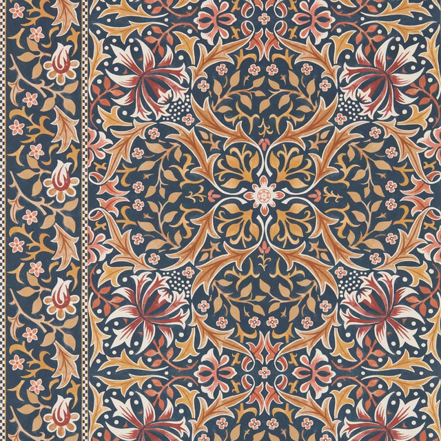 Indigo wallpaper with ornate gold foliage, coral flowers and cream floral details
