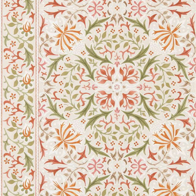 Cream wallpaper with rose, sage and terracotta symmetrical botanical medallions