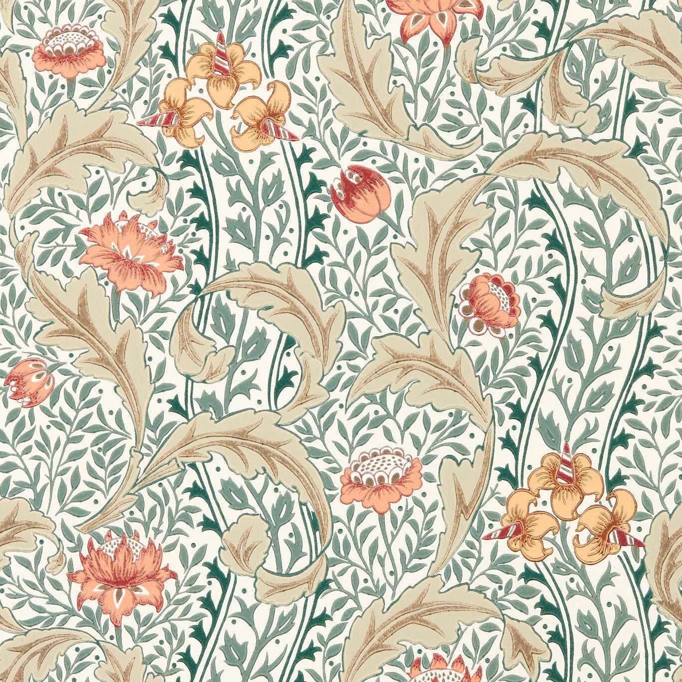 Cream wallpaper with coral flowers, teal leaves and curling taupe botanical stems