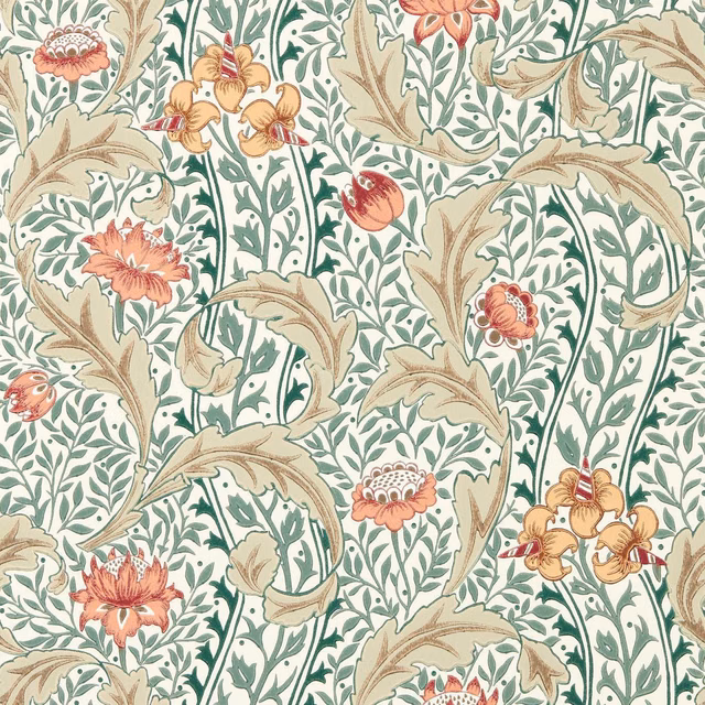 Cream wallpaper with coral flowers, teal leaves and curling taupe botanical stems