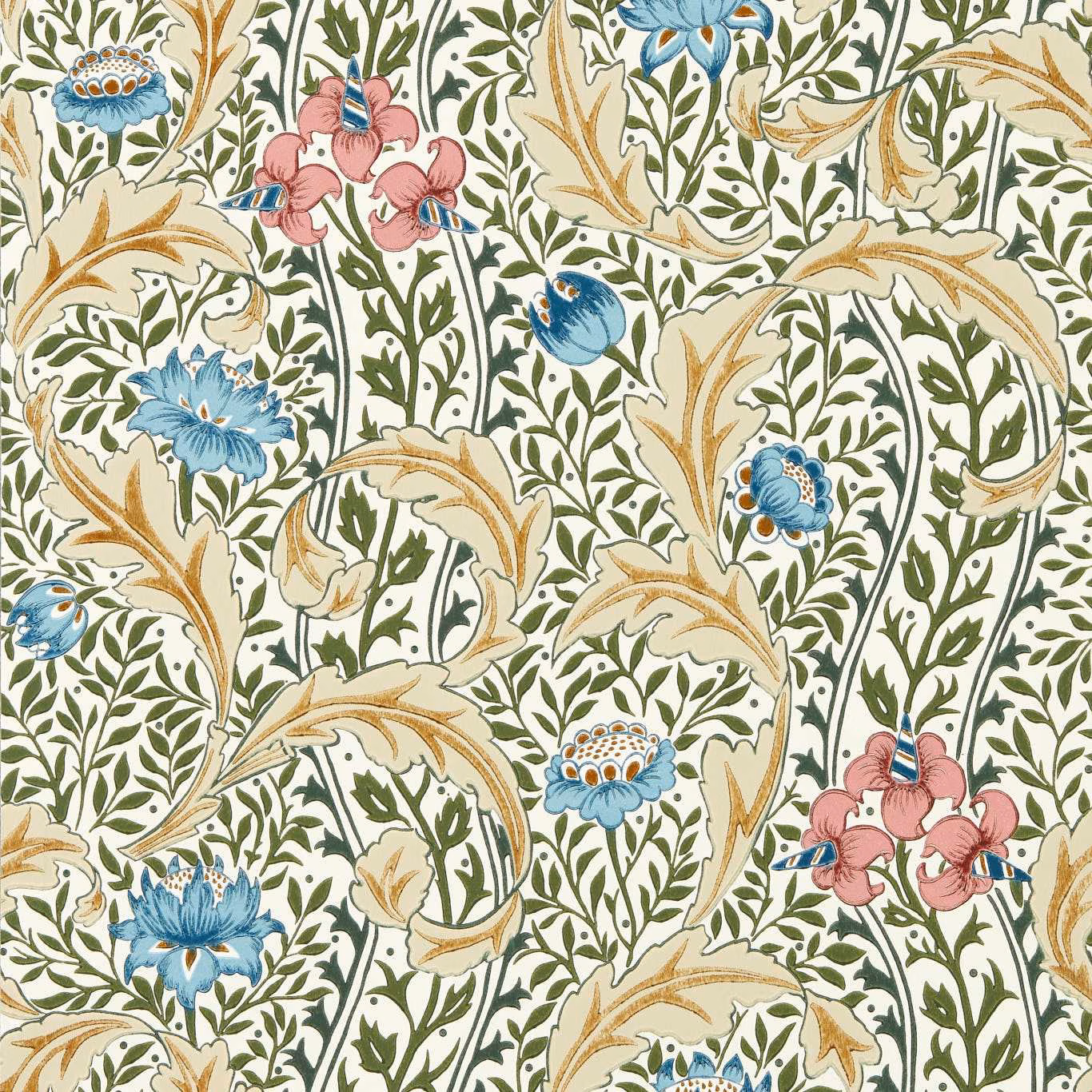 Cream wallpaper with blue tulips, pink blossoms, olive vines and tan leaves