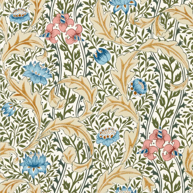 Cream wallpaper with blue tulips, pink blossoms, olive vines and tan leaves