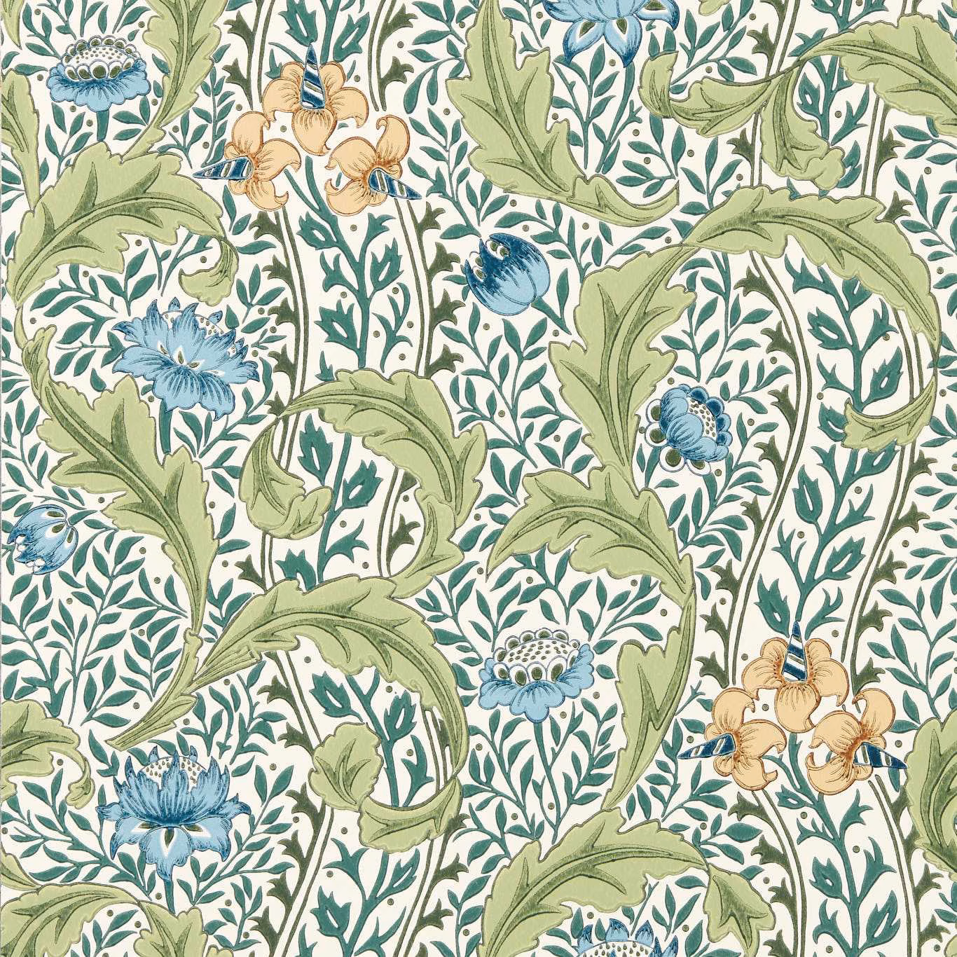 Cream wallpaper with sage leaves, teal-blue flowers and ochre tulips in dense vines