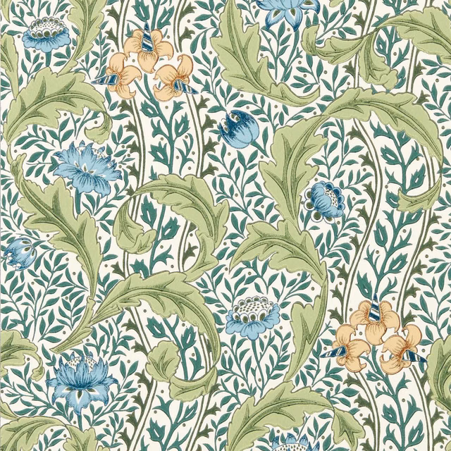 Cream wallpaper with sage leaves, teal-blue flowers and ochre tulips in dense vines