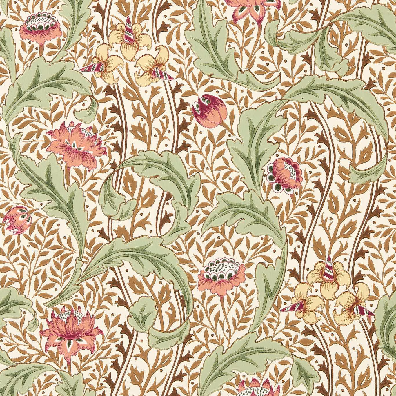 Rose-pink tulips, sage leaves and brown vines on a linen ground