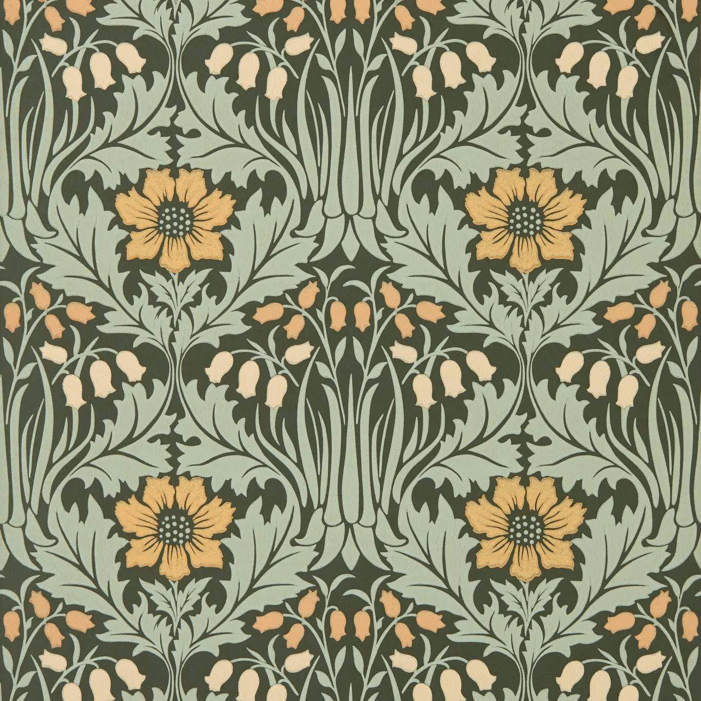 Bayleaf green wallpaper with sage foliage, cream bells and ochre daisy blooms