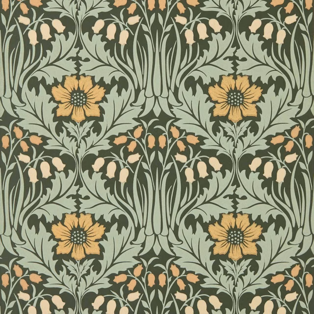 Bayleaf green wallpaper with sage foliage, cream bells and ochre daisy blooms