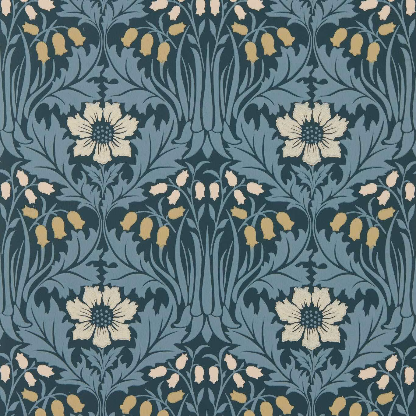 Indigo-blue wallpaper with ivory flowers, ochre buds and scrolling blue foliage