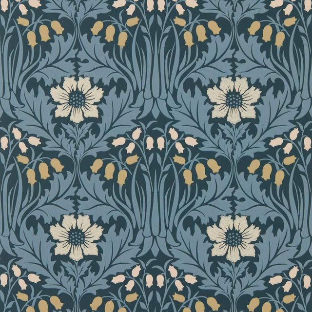 Indigo-blue wallpaper with ivory flowers, ochre buds and scrolling blue foliage