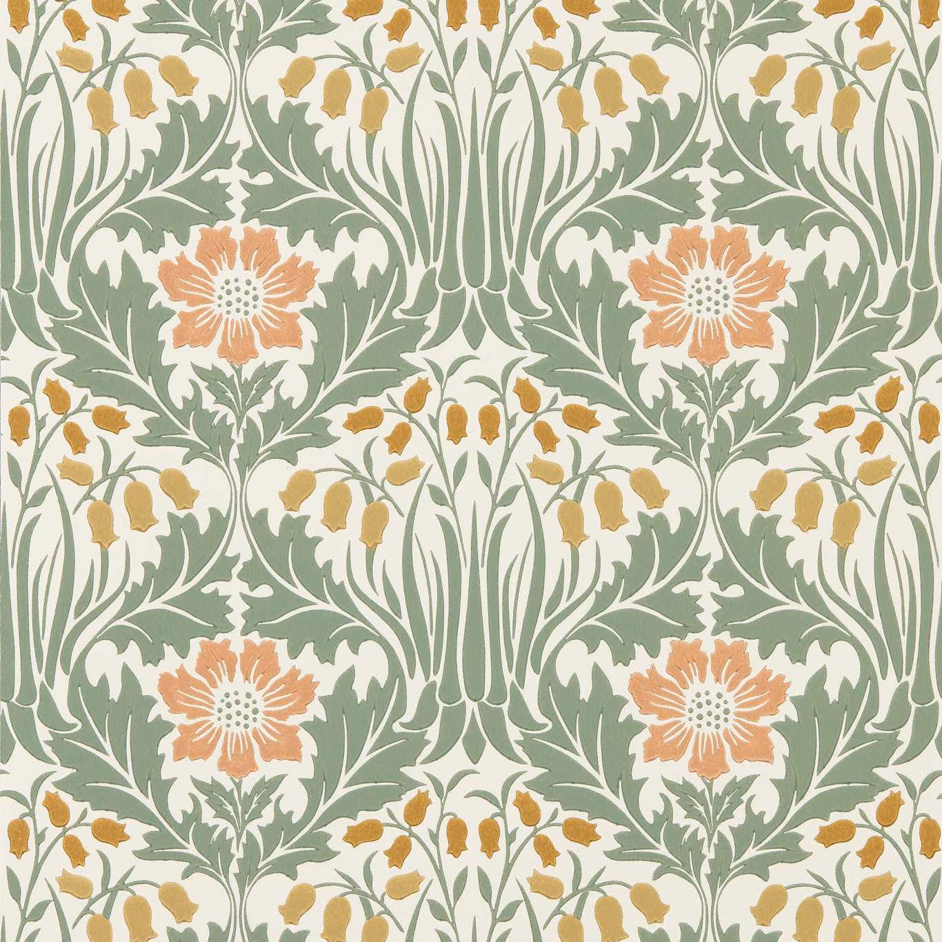 Sage leafy botanical wallpaper with coral flowers and ochre bell-shaped blooms