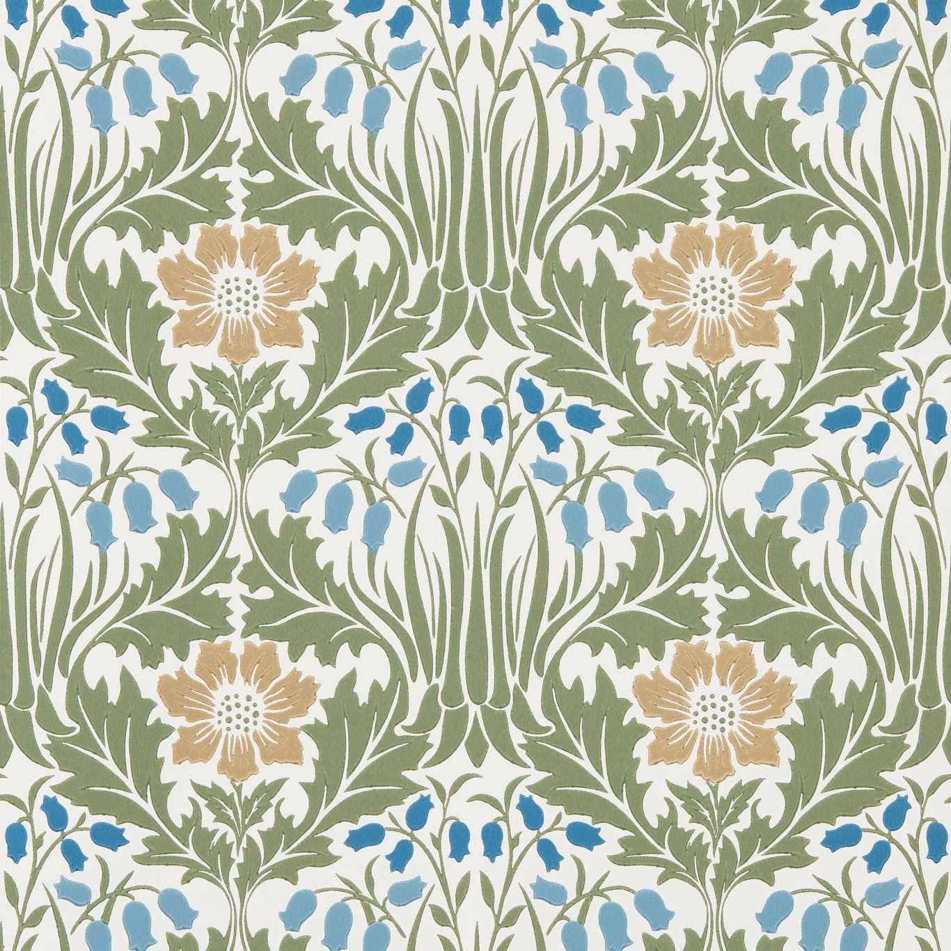 Cream botanical wallpaper with sage foliage, woad-blue bells and ochre flowers