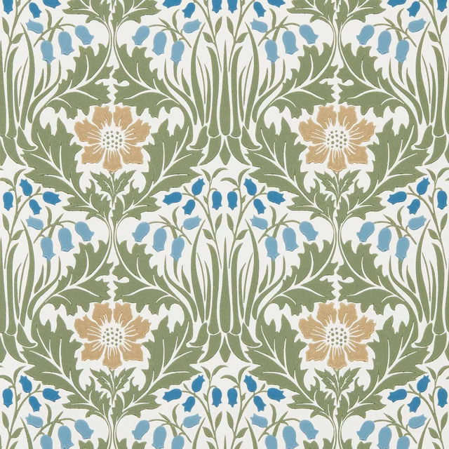Cream botanical wallpaper with sage foliage, woad-blue bells and ochre flowers