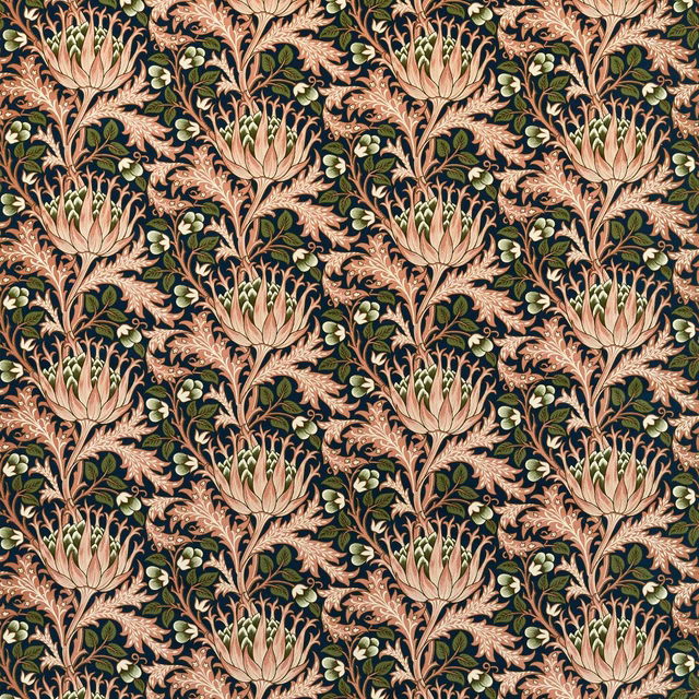 Dark inky velvet with blush artichokes, olive foliage and dense scrolling botanical detail.