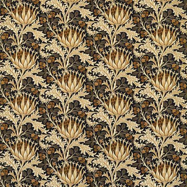 Midnight velvet with repeating pearwood-gold artichoke blooms and scrolling foliage