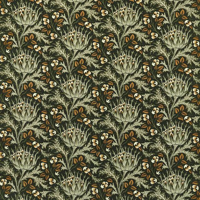 Deep olive velvet with sage artichoke heads, leafy stems and ochre flowers