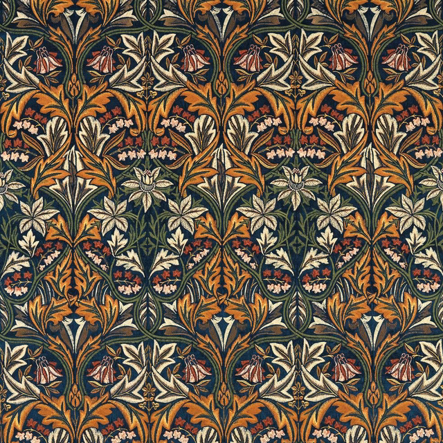 Dark indigo velvet with russet foliage, cream flowers and repeating botanical motifs