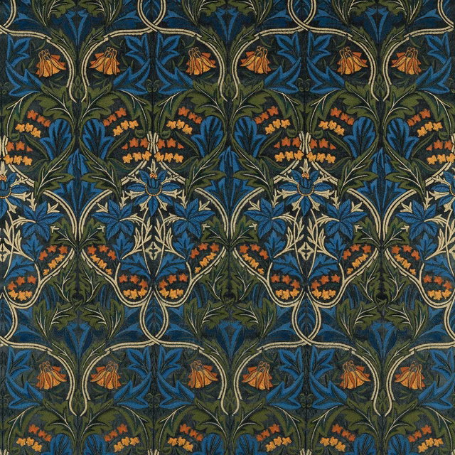 Deep blue velvet with olive foliage, ochre flowers and curling botanical outlines