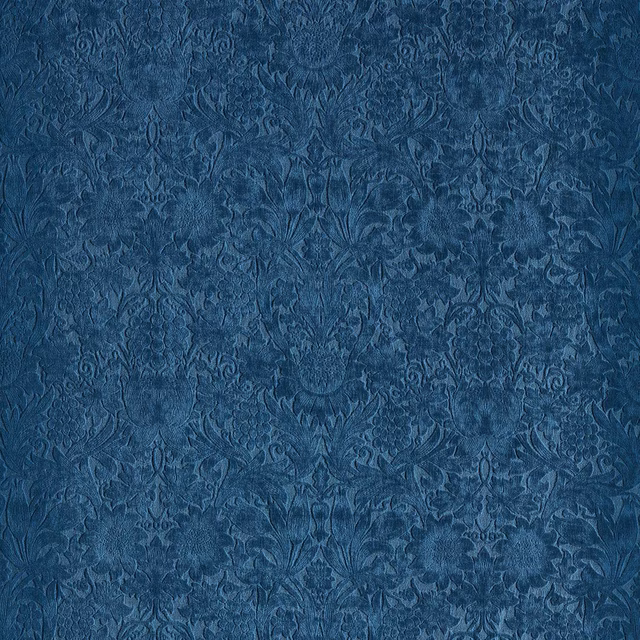 Deep inky blue velvet with a tonal symmetrical botanical damask and soft pile sheen