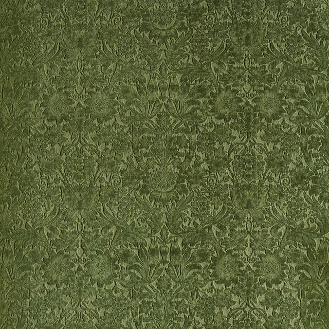 Deep moss olive velvet with an ornate symmetrical botanical damask pattern and softly shaded pile