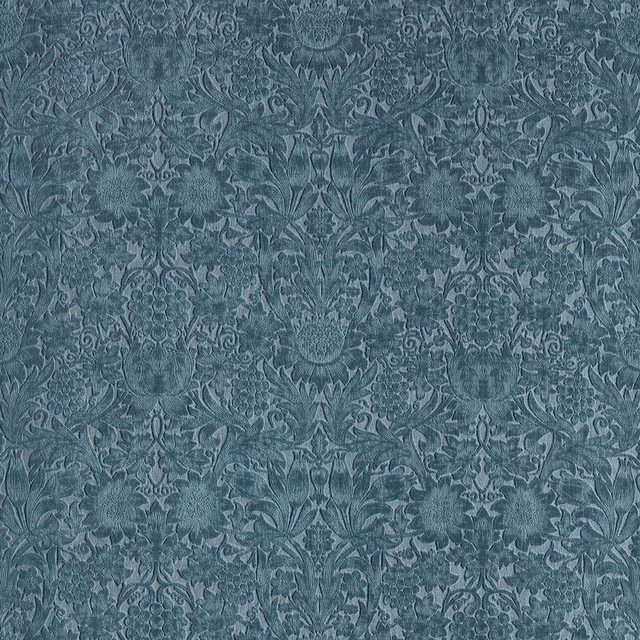 Blue-grey velvet with dense symmetrical floral damask and softly mottled pile