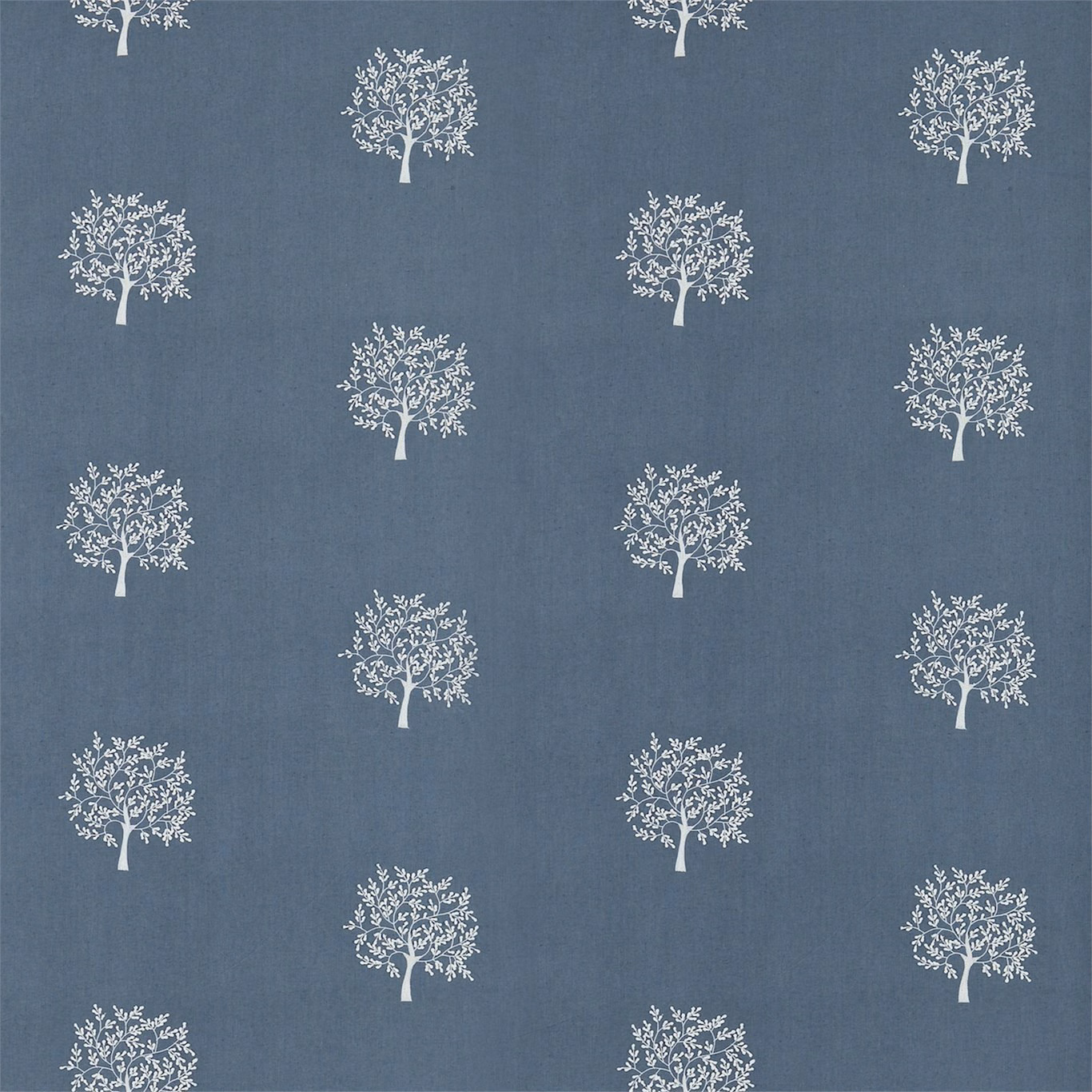 Cool blue-grey textile with repeating ivory trees and a softly grained surface