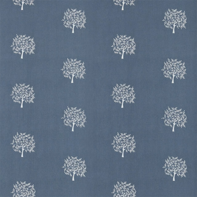 Cool blue-grey textile with repeating ivory trees and a softly grained surface