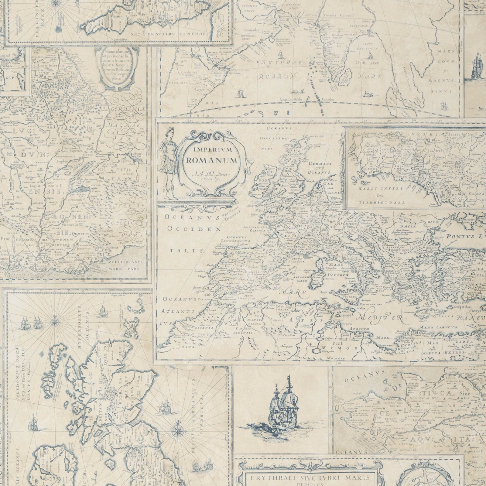 Pale indigo historical map wallpaper with ivory panels, cartouches and sailing ships