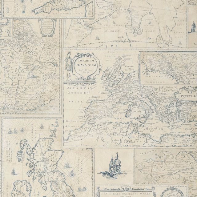 Pale indigo historical map wallpaper with ivory panels, cartouches and sailing ships