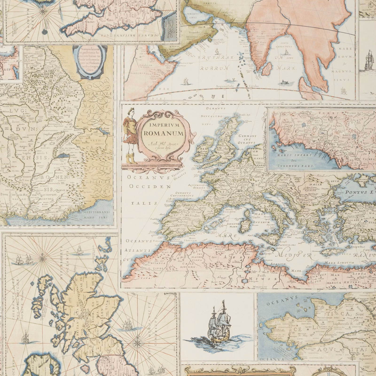 Antique map collage wallpaper in cream, faded blue, blush and olive tones
