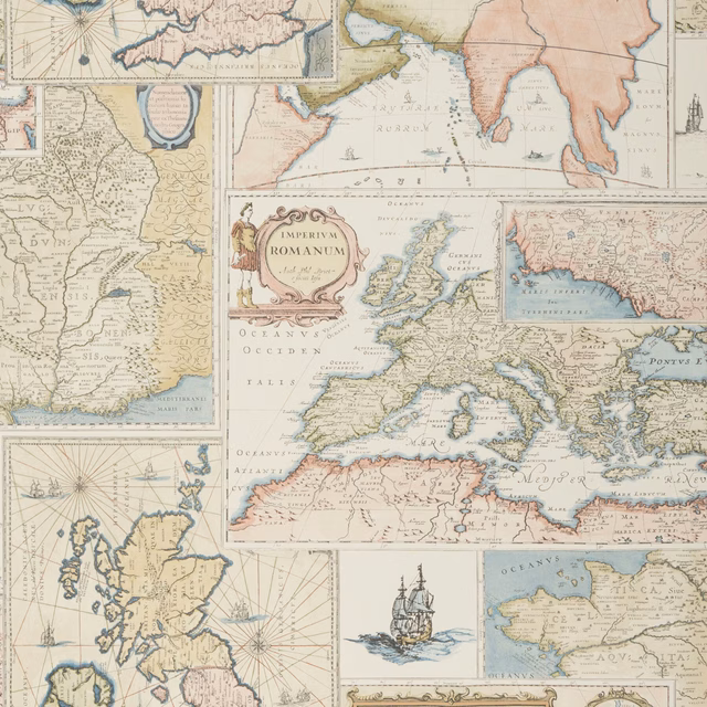Antique map collage wallpaper in cream, faded blue, blush and olive tones