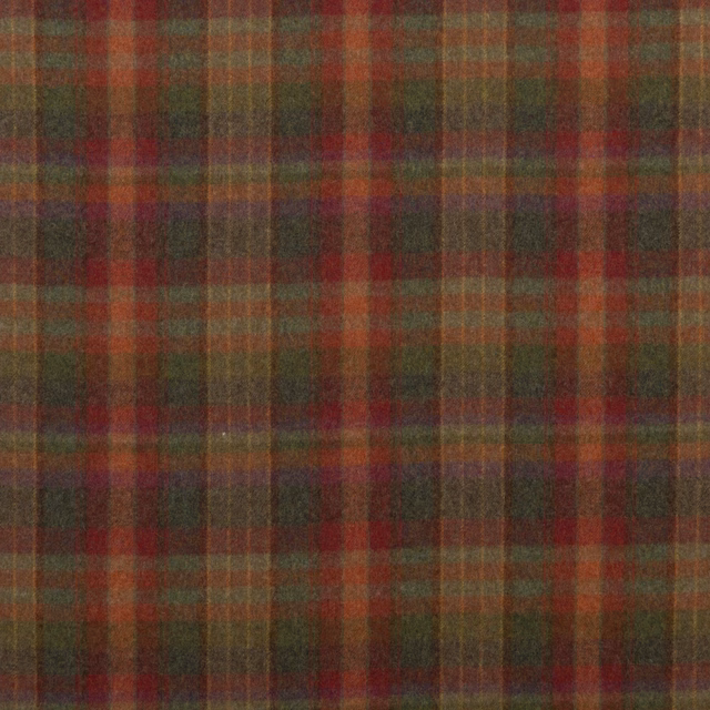 Muted red, lovat green and heather plaid with a softly textured wool surface